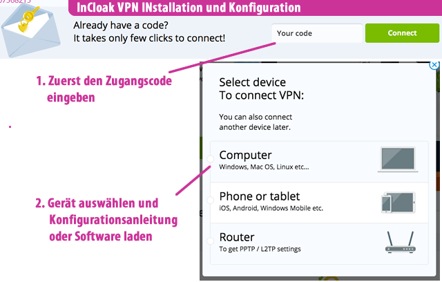 HideMy.name (ex InCloak) VPN Installationsmenü