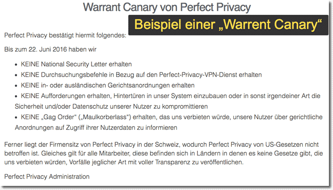 "Warrant Canary" von Perfect-Privacy VPN