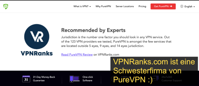 PureVPN Testbericht bei VPNranks.com