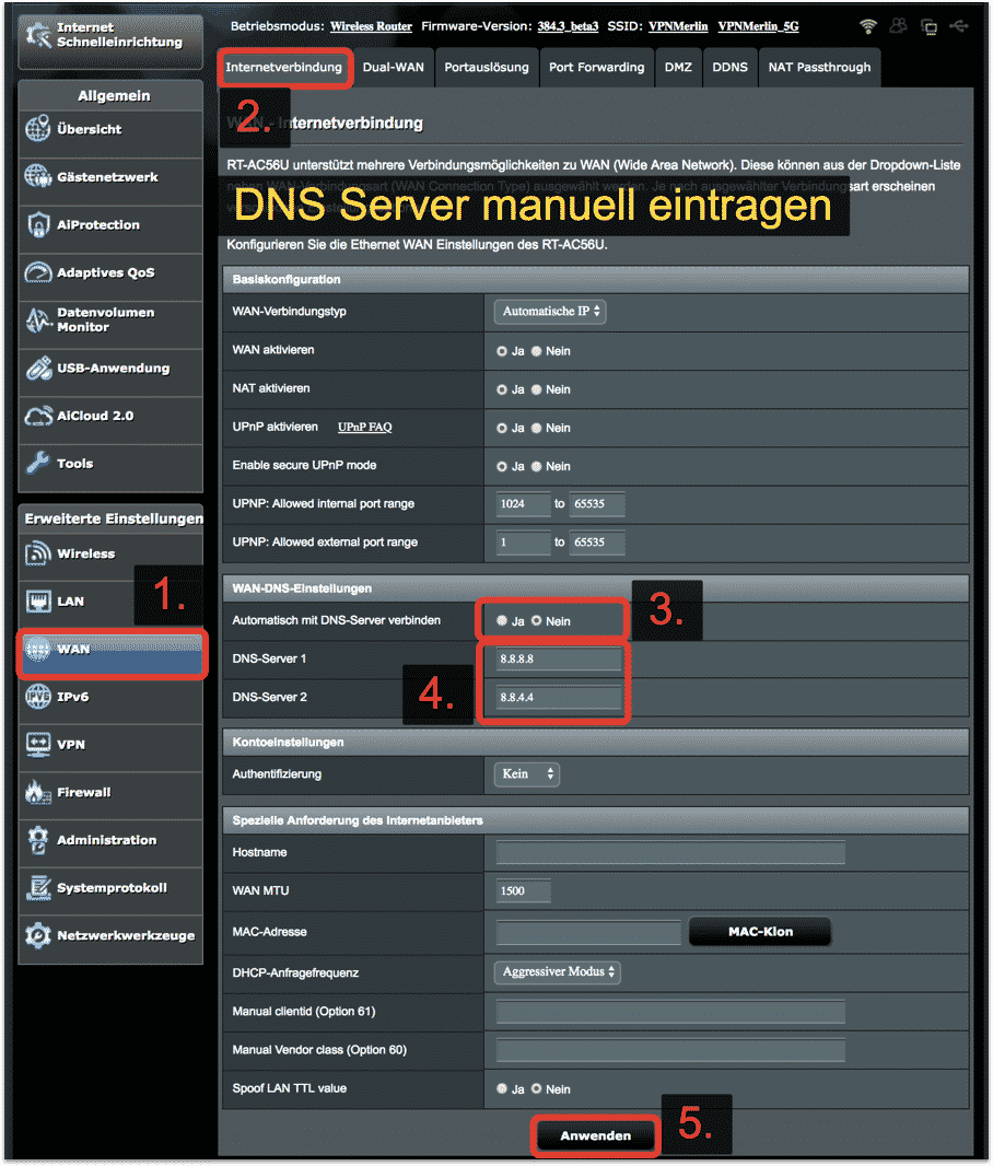 ASUS Router - DNS Server manuell einrichten