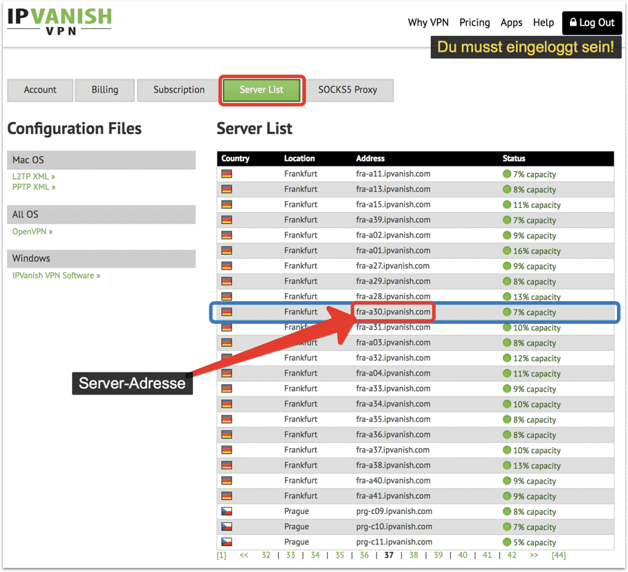 IPVanish VPN Server-Adressen suchen
