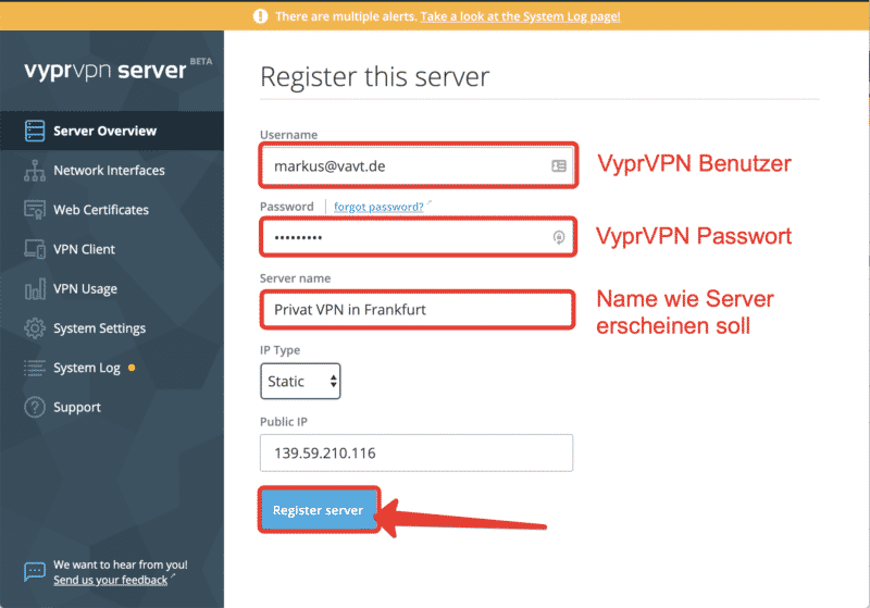Konfigurationsseite Deines eigenen VPN-Servers.