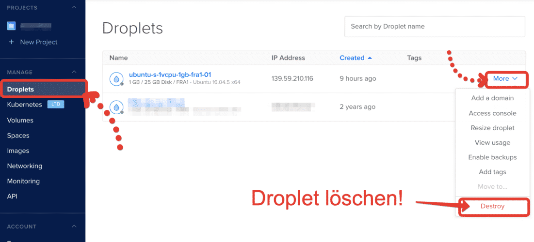 Droplet (virtueller Server) löschen