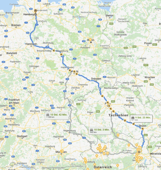 Routenübersicht Hamburg - Wien