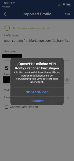 VPN Konfiguration erlauben