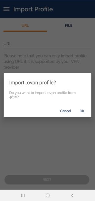 Bestätige den Import der OVPN-Konfigurationsdatei