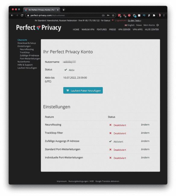 Perfect Privacy VPN Kundenbereich