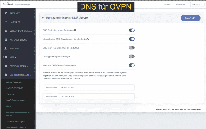 Gl-iNet DNS für OVPN verwenden