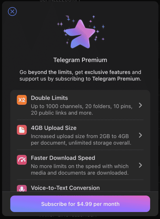 Telegram Premium für 4,99 USD pro Monat