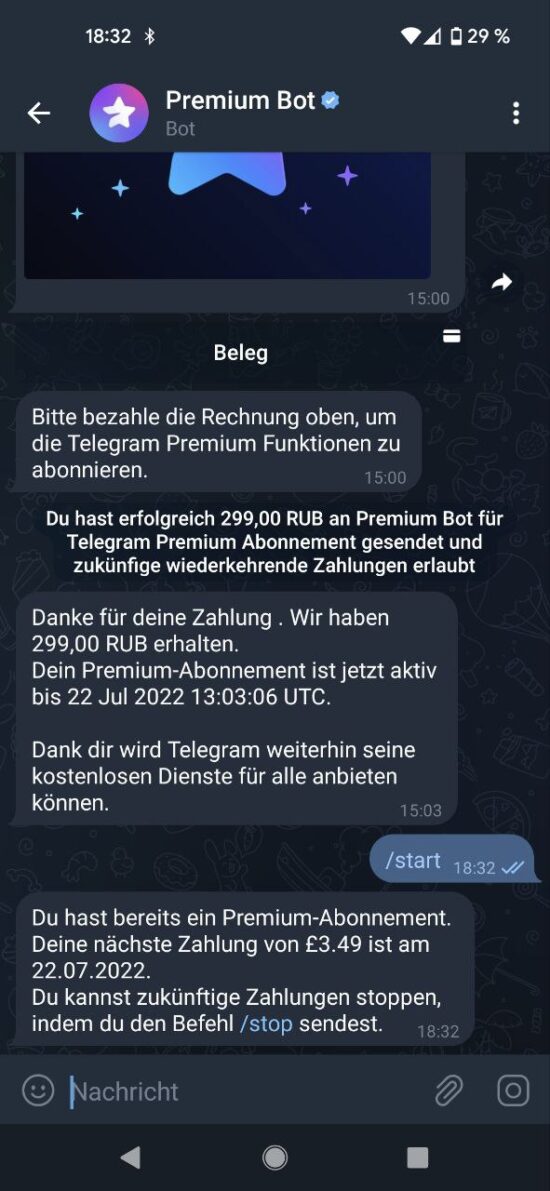 Mit dem Telegram "Premium Bot" verwaltet man sein Abo