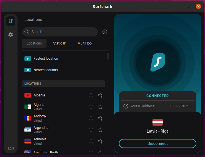 Surfshark connected with Riga