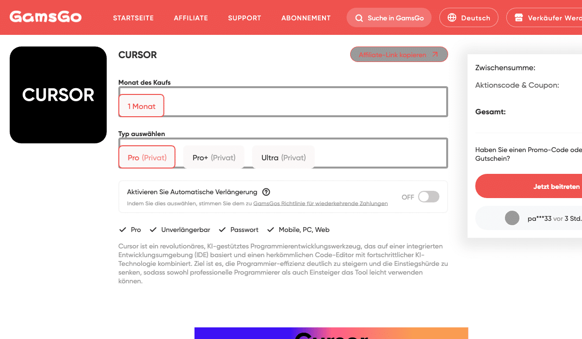 Cursor AI Pro günstig kaufen: KI-Code-Editor über GamsGo mit 60% Rabatt (2026) 1 Cursor AI Pro günstig über GamsGo – KI-Code-Editor mit 60% Rabatt