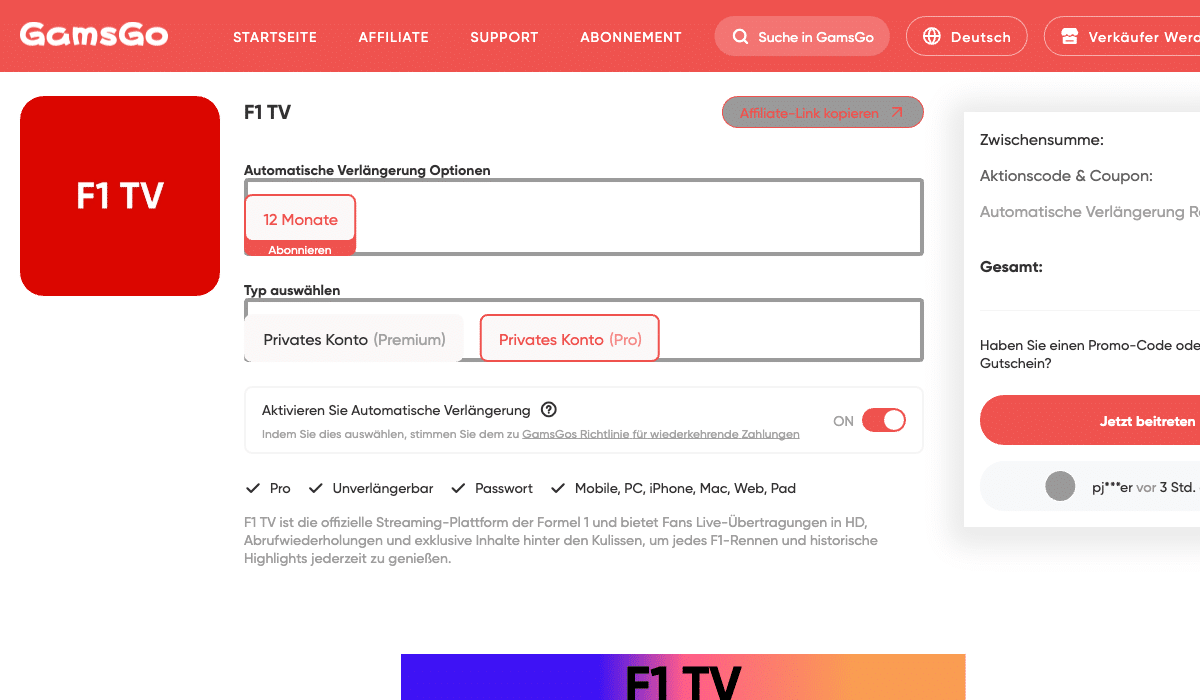 F1 TV Pro günstig streamen: GamsGo-Zugang ab €2.75/Monat + Rabattcode (2026) 1 F1 TV Pro über GamsGo ab €2.75/Monat – offizieller Formel 1 Streaming-Dienst