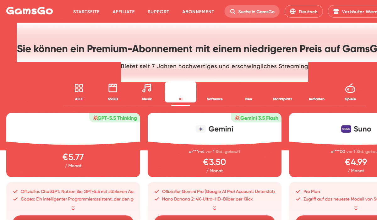 GamsGo KI-Services: ChatGPT, Gemini & Co. günstig und anonym nutzen (2026) 1 GamsGo KI-Services Übersicht: ChatGPT, Gemini und weitere AI-Tools günstig nutzen