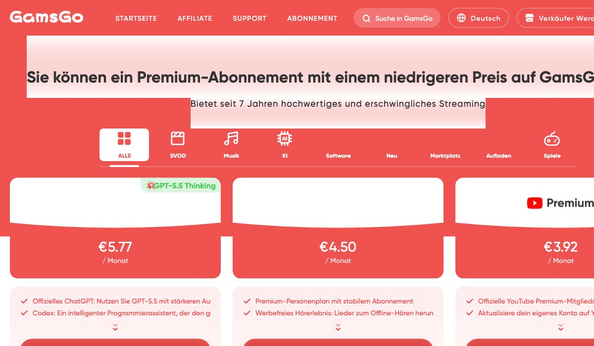 GamsGo vs. Coosub: Welche Sharing-Plattform ist besser? (Vergleich 2026) 1 GamsGo: über 30 Premium-Services – die bessere Alternative zu Coosub