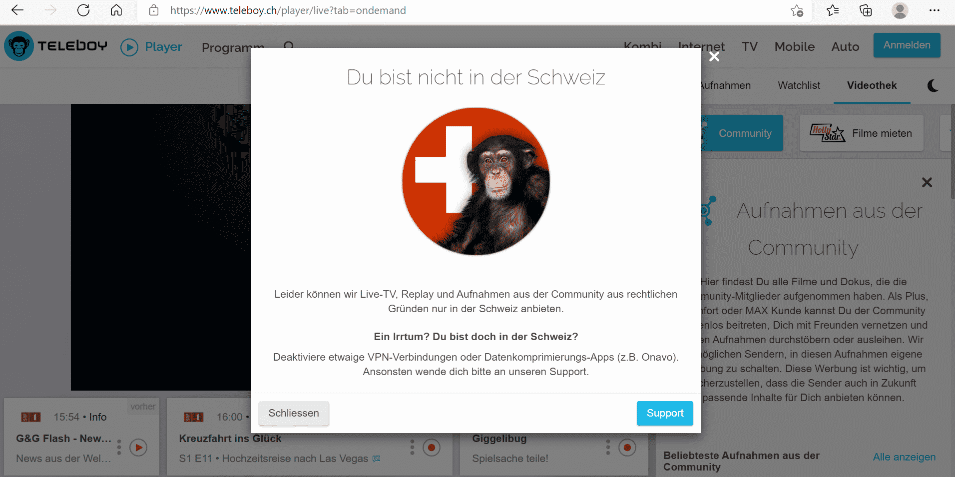 Teleboy Streaming - auch außerhalb der Schweiz! 5 Teleboy Sperre